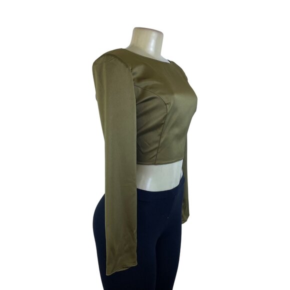 ASOS Olive Long Sleeve Satin Crop Top Open Back Tie Detail Women’s Size 8 - Picture 2 of 8